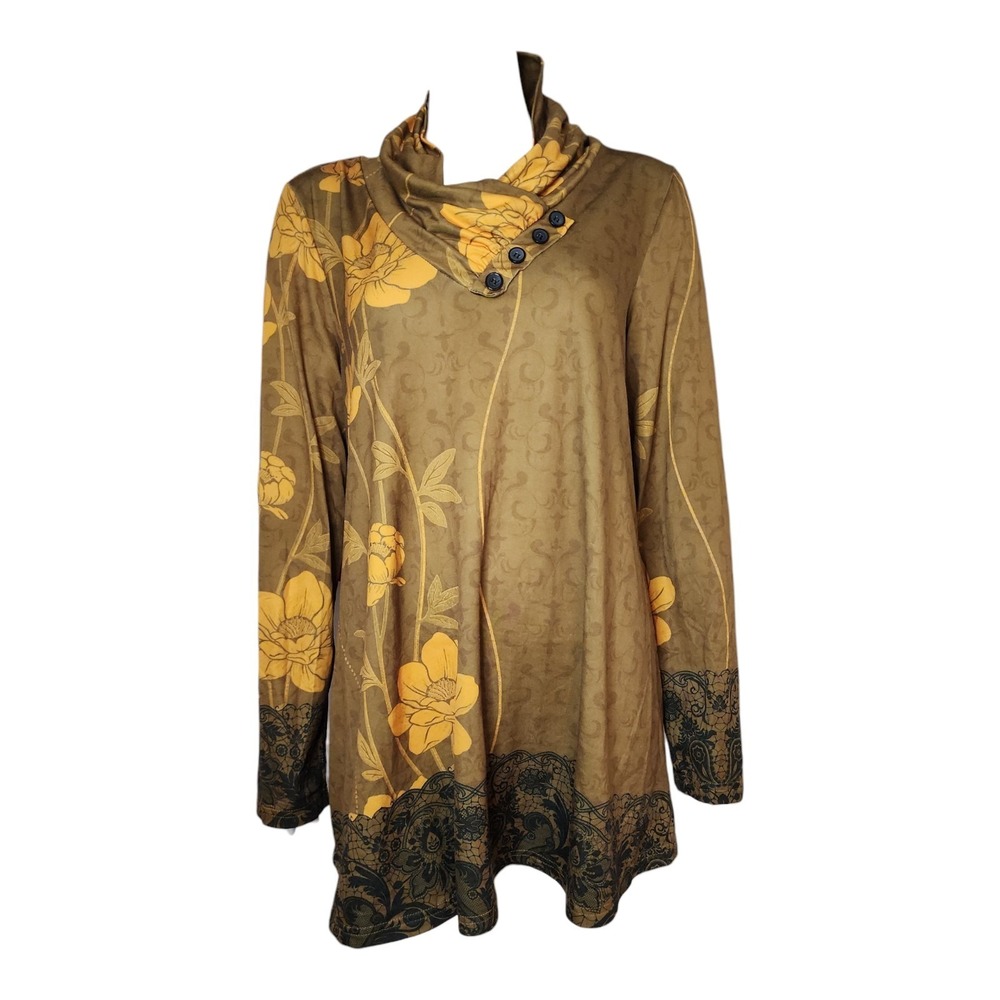 Azalea by Firmiana Top Womens Size XL Green Yellow Floral Button‎ Goblin Forest